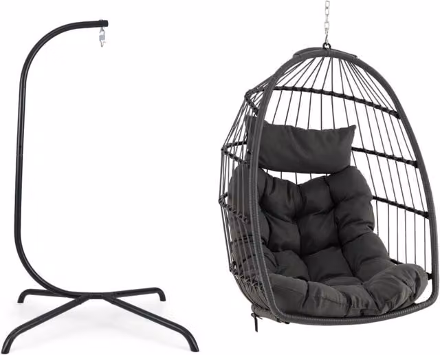 Supporto per sedia sospesa a uovo in metallo con sedia in vimini e cuscino, struttura girevole a 360 gradi per giardino e terrazzo, nero e grigio