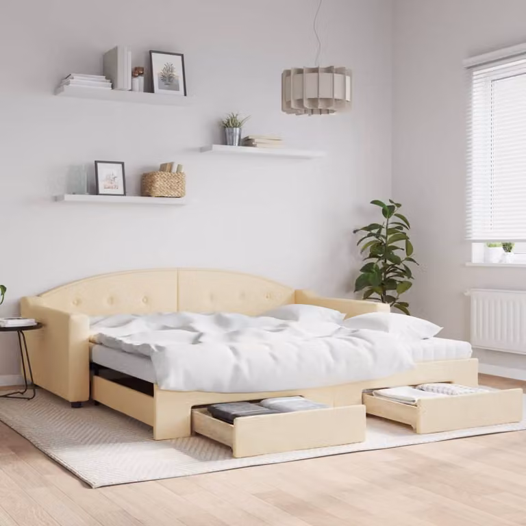 vidaXL Divano Letto Estraibile con Cassetti in Tessuto Beige L: 200 cm, P: 100 cm, H: 75 cm