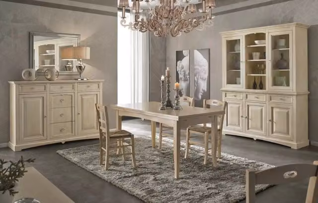 Set da pranzo shabby chic Mobili 2G in legno di pino bianco con tavolo rettangolare estensibile e 6 sedie