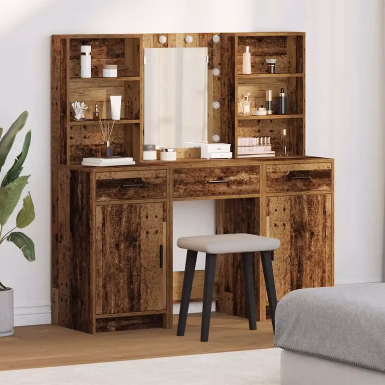 Set da trucco Hollywood con LED vidaXL in legno marrone, L: 135 cm, P: 41 cm, H: 76 cm