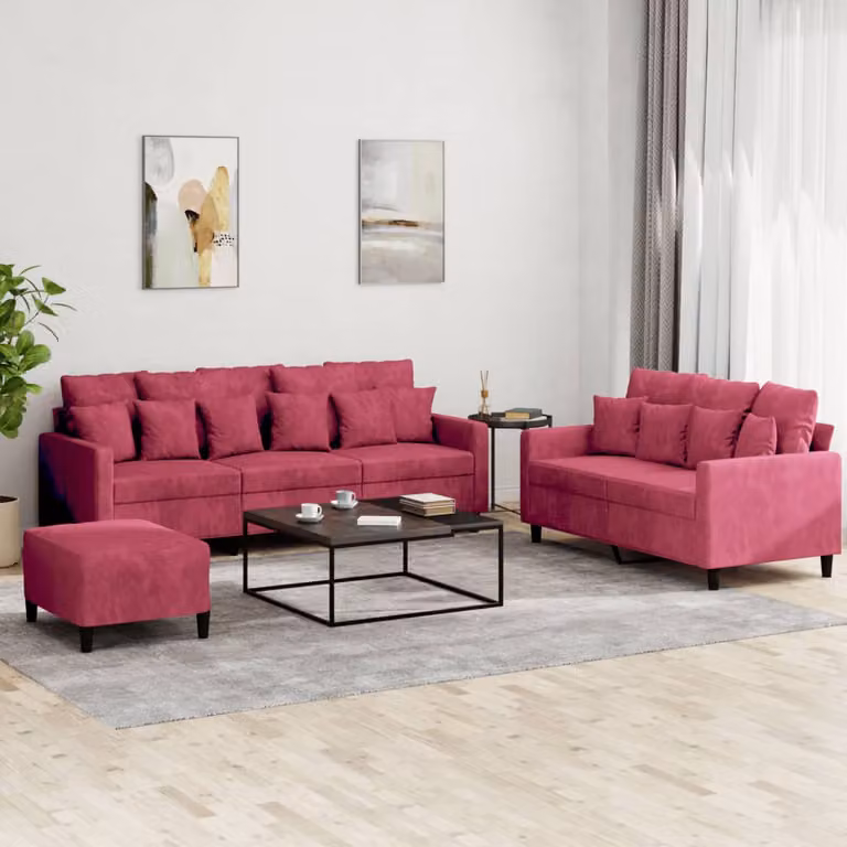Set di divani vidaXL 3 pezzi in velluto rosso con cuscini, include divano a 3 posti, divano a 2 posti e pouf con braccioli per il tuo soggiorno