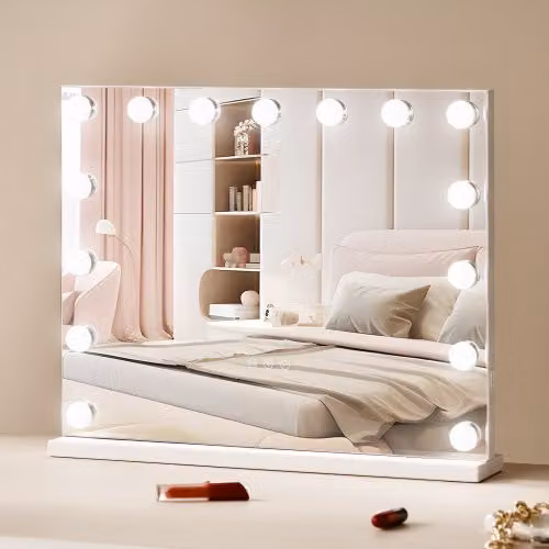 Specchio per Trucco Hollywood Vevor Bianco con 15 Lampadine LED Dimmerabili, 3 Modalità di Illuminazione, Specchio Ingranditore 5X Rimovibile, Porta USB e Controllo Smart Touch, L: 58 cm, P: 45,8 cm, H: 45,8 cm