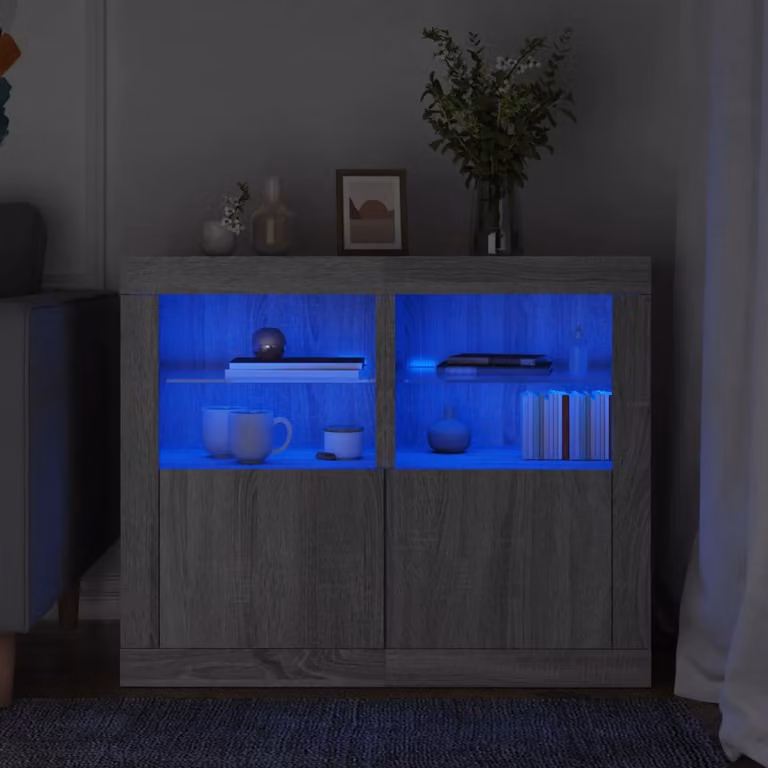Set di 2 armadietti a parete vidaXL moderni in legno e vetro con luci LED integrate e ripiani interni, colore grigio