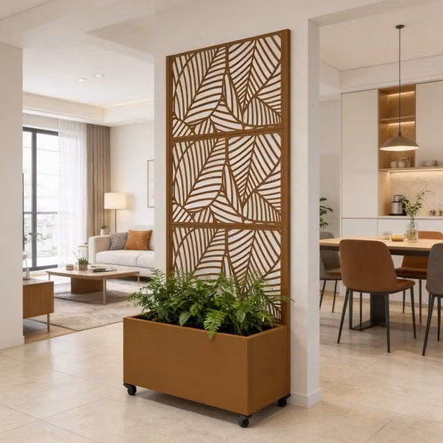 Fioriera con Spalliera e Separè Surnskoki casa.pro in Acciaio Galvanizzato Marrone con Portapiante e Rotelle H: 190 cm, L: 82 cm, P: 38 cm