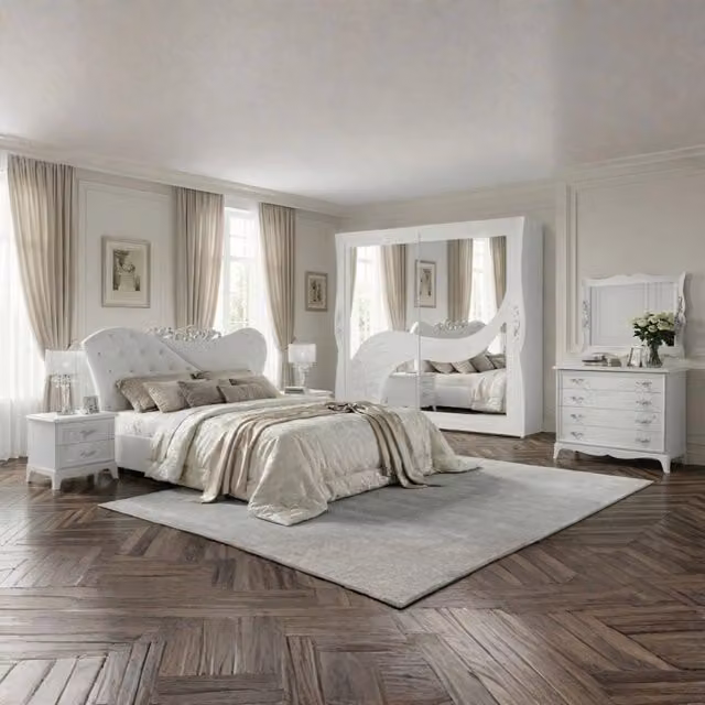Set camera da letto completa Veriaffari bianca con letto imbottito a contenitore, armadio, cassettiera, comodino e specchio