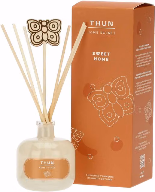 Diffusore di fragranza con bacchette Thun Sweet Home da 100 ml, note fruttate, speziate e legnose, flacone in vetro trasparente