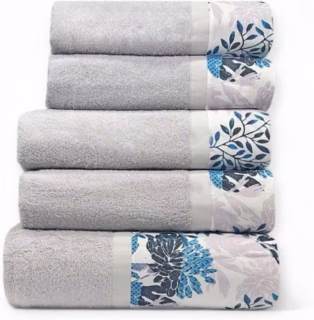 Set di 5 asciugamani Mora Ipersan in cotone grigi con decoro floreale e bordo