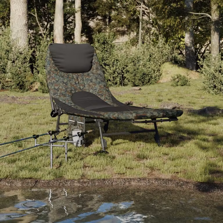 vidaXL Letto da Pesca Pieghevole con Gambe Regolabili Anti Fango e Poggiatesta Regolabile, Colore Mimetico Multicolore e Nero