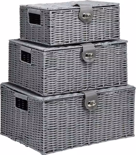 Set di 3 cesti in rattan e plastica con coperchio HOMCOM, colore grigio, soluzione versatile per l'ordine della casa