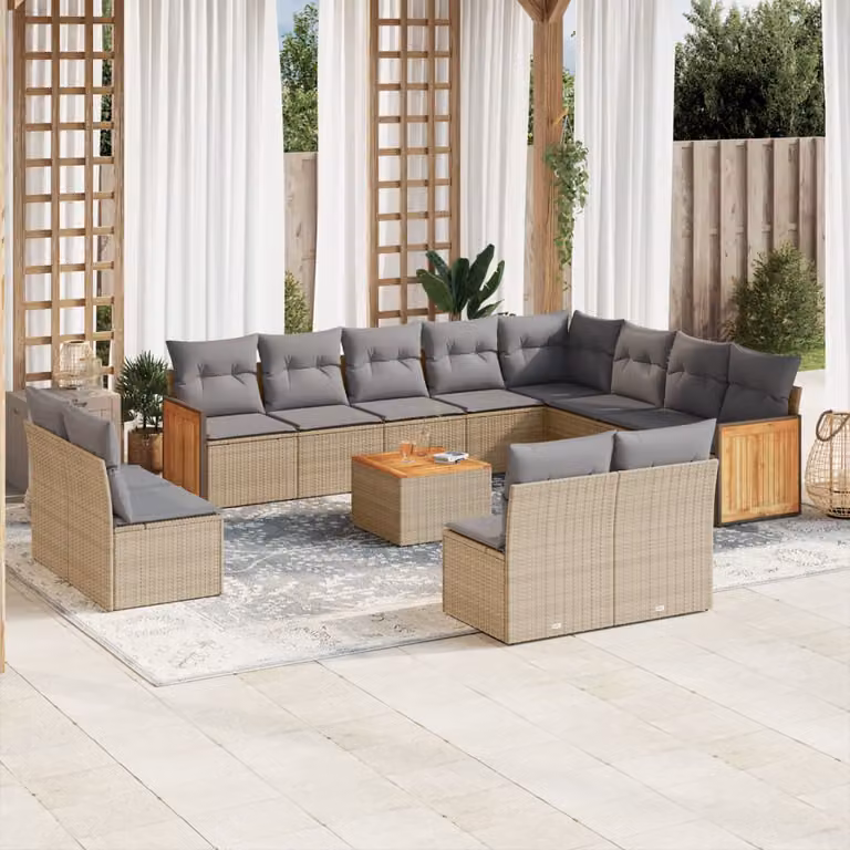 vidaXL Set Divano da Giardino 13 pz a forma di U con Cuscini Beige e Tavolino in Polyrattan e Legno di Acacia