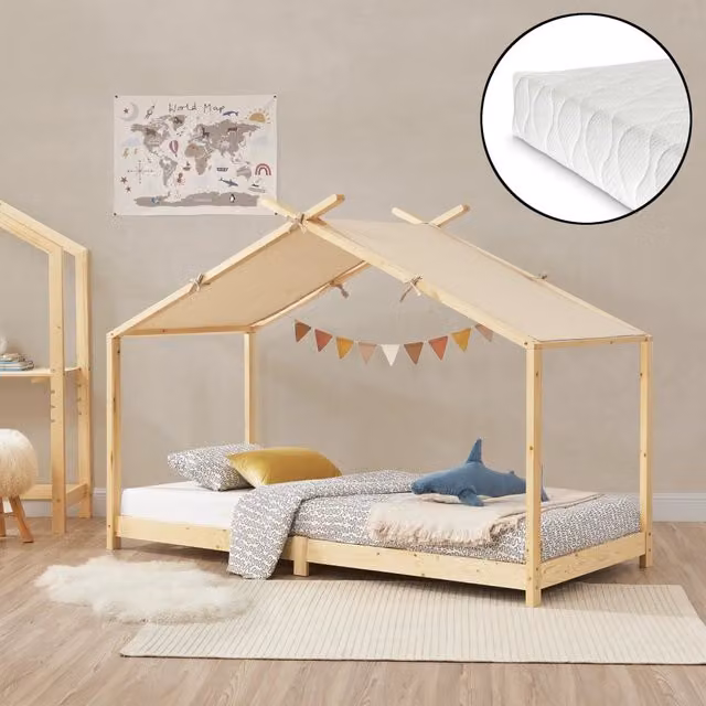 Letto Brome en.casa per cameretta a forma di casetta in legno di pino naturale con materasso in schiuma 90x200 cm L: 90 cm, P: 200 cm, H: 146 cm
