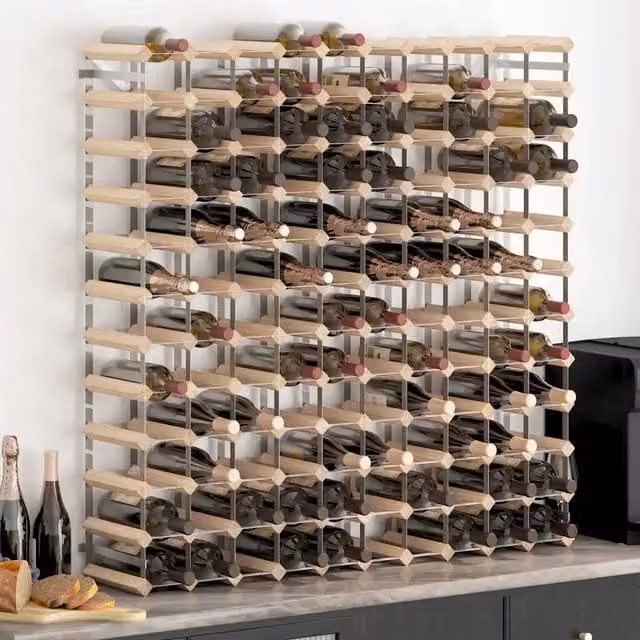 Portavini da parete MERCATOXL in legno di pino massello e metallo, stile rustico, colore marrone, L: 120 cm, H: 110 cm, P: 22,5 cm