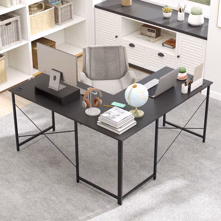 Scrivania angolare per computer Costway estensibile con supporto monitor, tavolo da ufficio moderno in metallo per 2 persone, Grigio, L: 240 cm