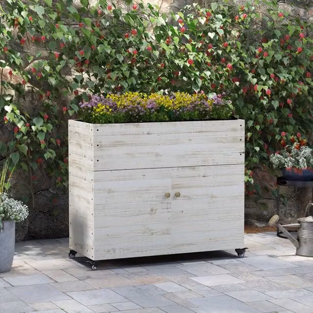Fioriera rialzata in legno di abete con vano contenitore e ruote WISHDOR bianca L/P/H: 110 x 50 x 95 cm