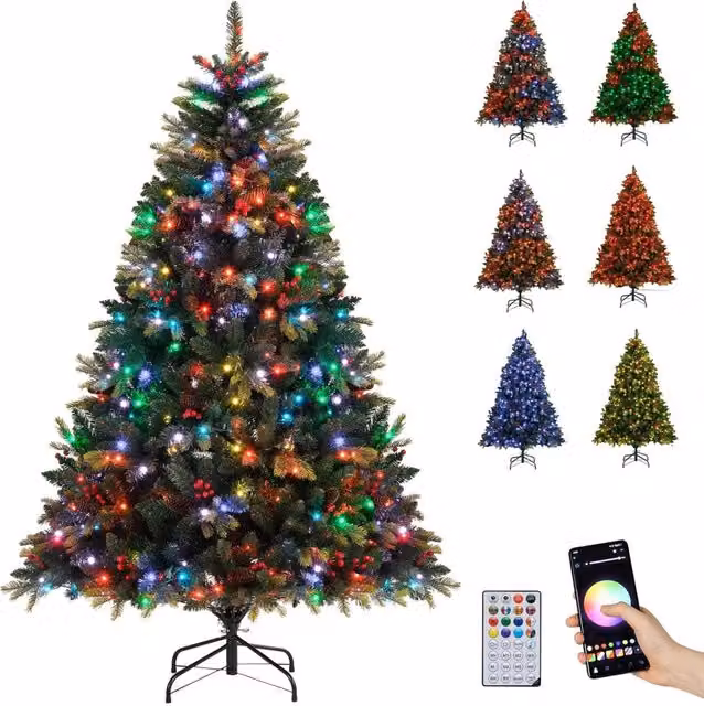 Albero di Natale Artificiale Costway Verde con 370 Luci LED RGB Multicolore, 1054 Rami in PE e PVC, Decorazioni con Pigne e Bacche Rosse, Controllo tramite App e Telecomando, Altezza: 180 cm