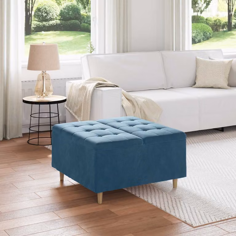 Pouf con contenitore vidaXL in velluto blu, L/P/H: 80 x 80 x 45 cm