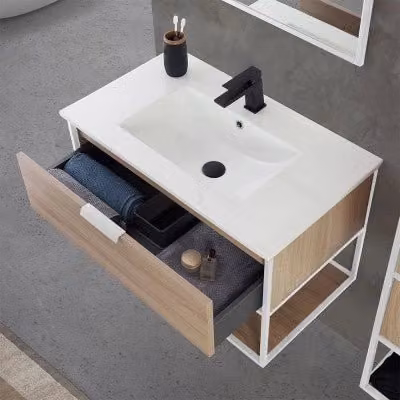 Mobile bagno sospeso Inbagno stile industrial in legno e metallo bianco e rovere con ante soft close