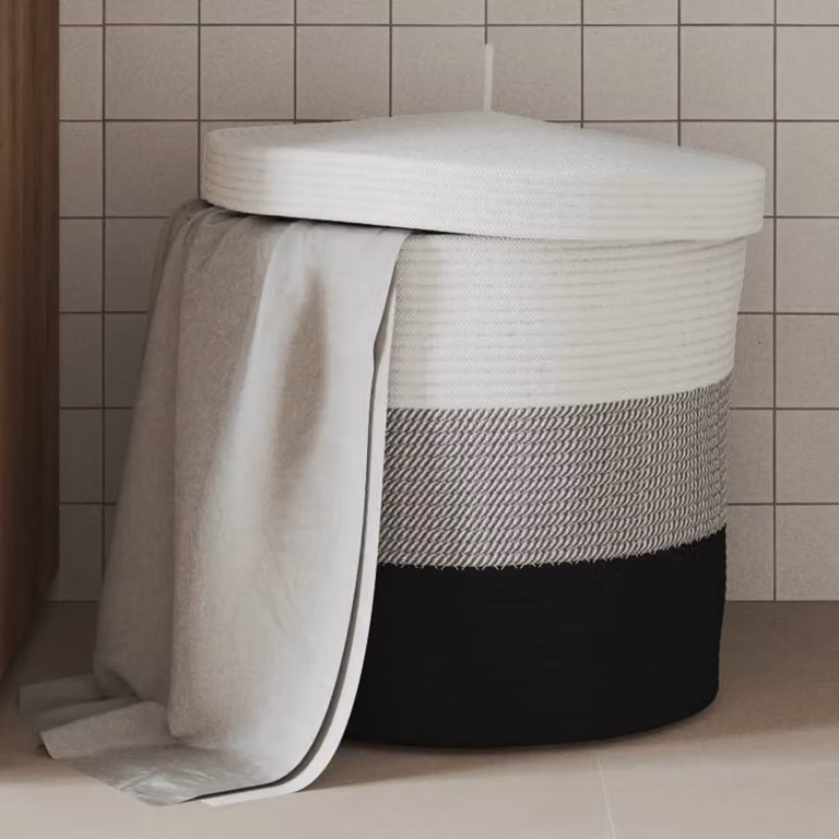 Cestino portaoggetti con coperchio e maniglie vidaXL in tessuto bianco, grigio e nero, Ø40 x H 35 cm