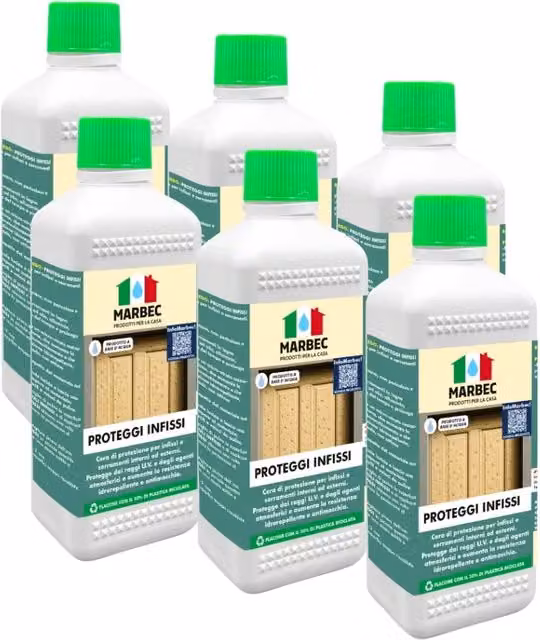 Cera protettiva per infissi Marbec base acqua con protezione UV e idrorepellente, finitura opaca, colore bianco, confezione da 6 x 500 ml