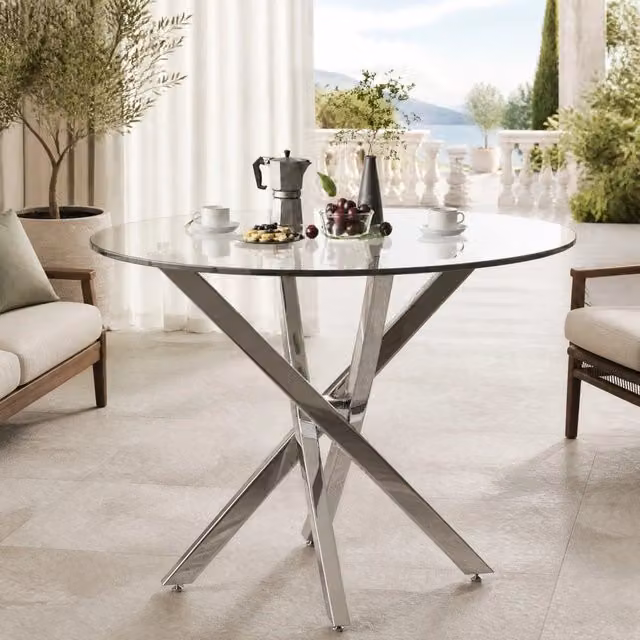 Tavolo da pranzo moderno MIVRAY con piano in vetro temperato trasparente e gambe in metallo argento L 80 cm x P 80 cm x H 75 cm