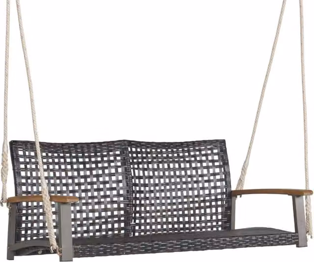 Costway Dondolo Sospeso da Esterno a 2 Posti in Rattan PE con Braccioli in Legno di Acacia, L 131 x P 68 x H 54 cm, Marrone e Nero