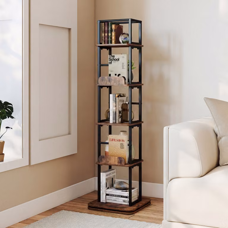 Libreria girevole Costway con 5 ripiani e rotazione a 360°, scaffale portaoggetti in legno marrone, L/P/H: 40 x 40 x 148,5 cm