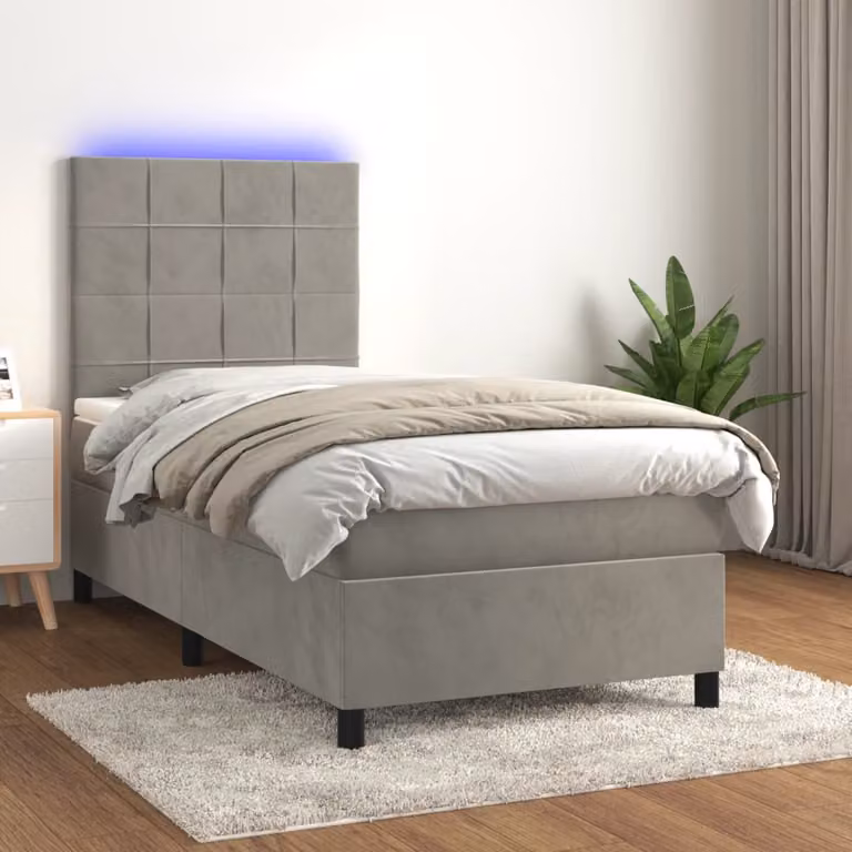 Letto con Materasso Ibrido e Illuminazione LED vidaXL in Velluto Grigio Chiaro, L/P/H: 90 x 200 cm