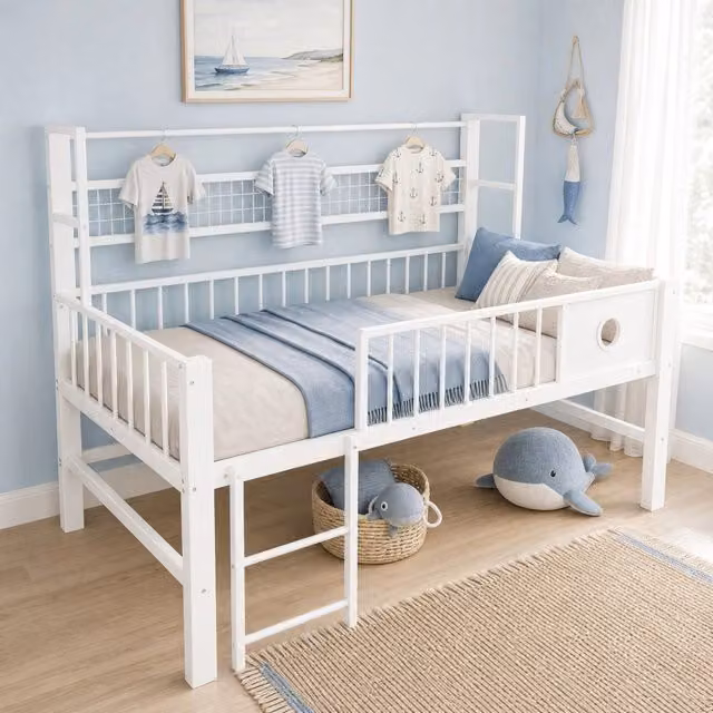 Letto a soppalco basso per bambini MODFU in metallo e MDF, bianco, 90x200 cm