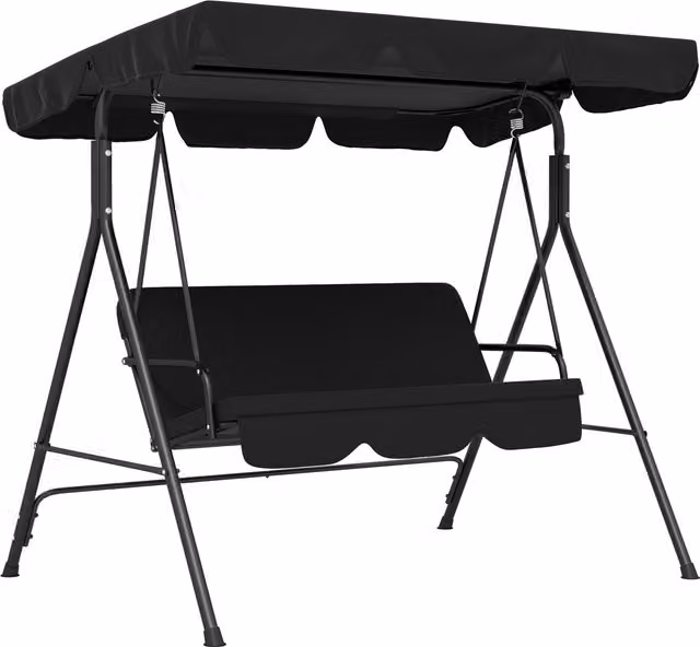 Altalena da giardino Outsunny a 3 posti con tetto inclinabile e cuscini, struttura in acciaio nero e tessuto in poliestere nero
