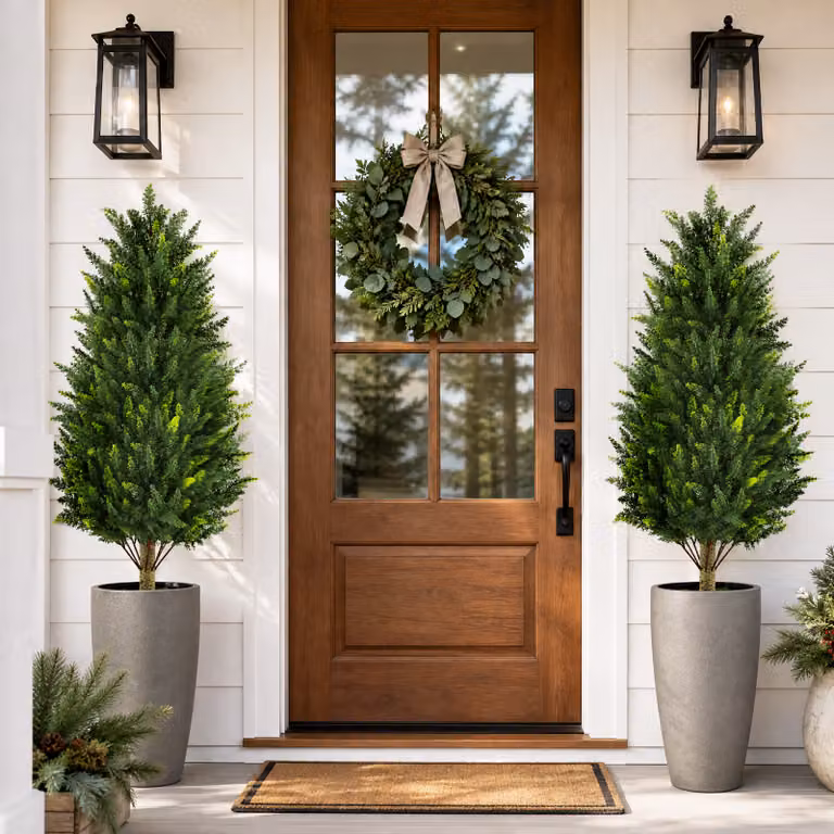 Set di 2 Alberi di Ginepro Artificiali Realistici Costway, Colore Verde con Vasi in Cemento, Altezza: 90 cm