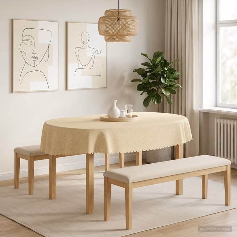 Set di 5 tovaglie ovali vidaXL in jacquard bianco e beige, idrorepellenti e lavabili in lavatrice, L: 130 cm x P: 220 cm