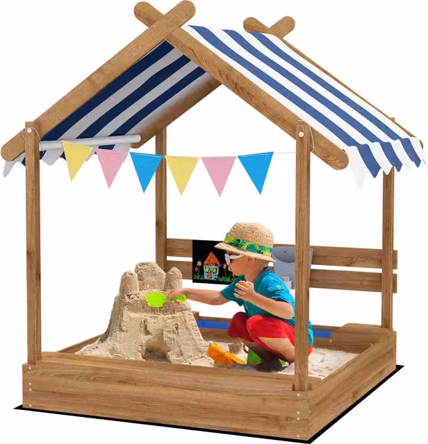 Outsunny Sabbiera con Design Casa da Gioco e Protezione Solare in Legno Massiccio, Marrone, L: 124 cm, P: 116 cm, H: 146 cm