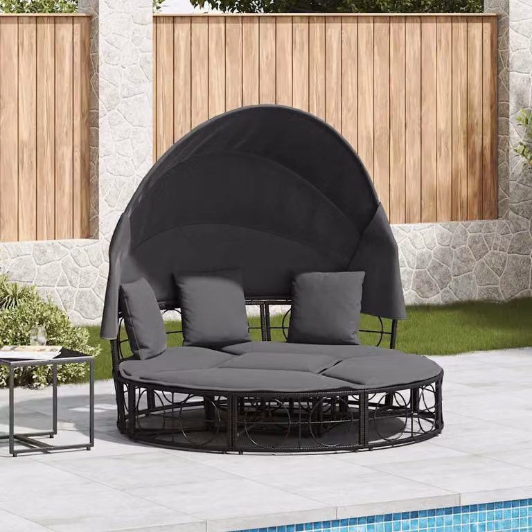 Lettino prendisole da esterno vidaXL in polyrattan con tetto e cuscini impermeabili, nero e grigio