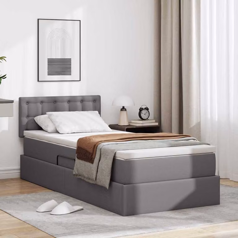 vidaXL Letto con contenitore e materasso in tessuto Grigio L: 100 cm, P: 200 cm, H: 40 cm