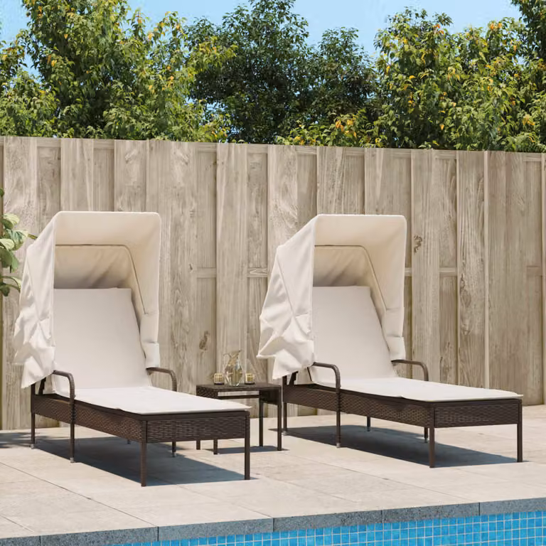 Set di 2 lettini prendisole con baldacchino e tavolino vidaXL in polyrattan marrone e bianco