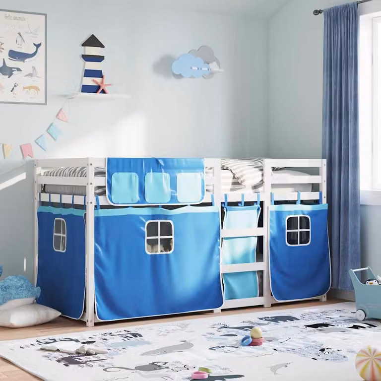 vidaXL Letto a Castello per Bambini in Legno di Pino Massello Blu e Bianco L/P/H: 200 x 80 x 160 cm