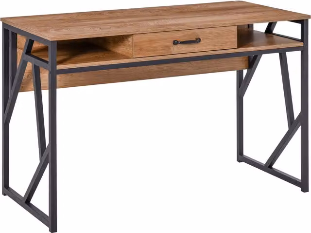 Scrivania Moderna HOMCOM in Metallo e MDF Stile Industriale con Mensole e Cassetto, L/P/H: 120 x 60 x 76 cm, Nero Marrone