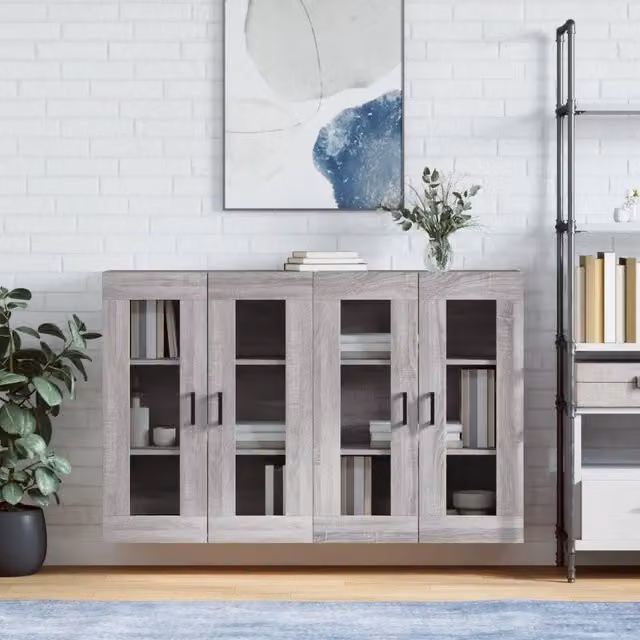 Set di 2 armadietti da parete moderni vidaXL in legno e vetro con ante in vetro, colore grigio opaco