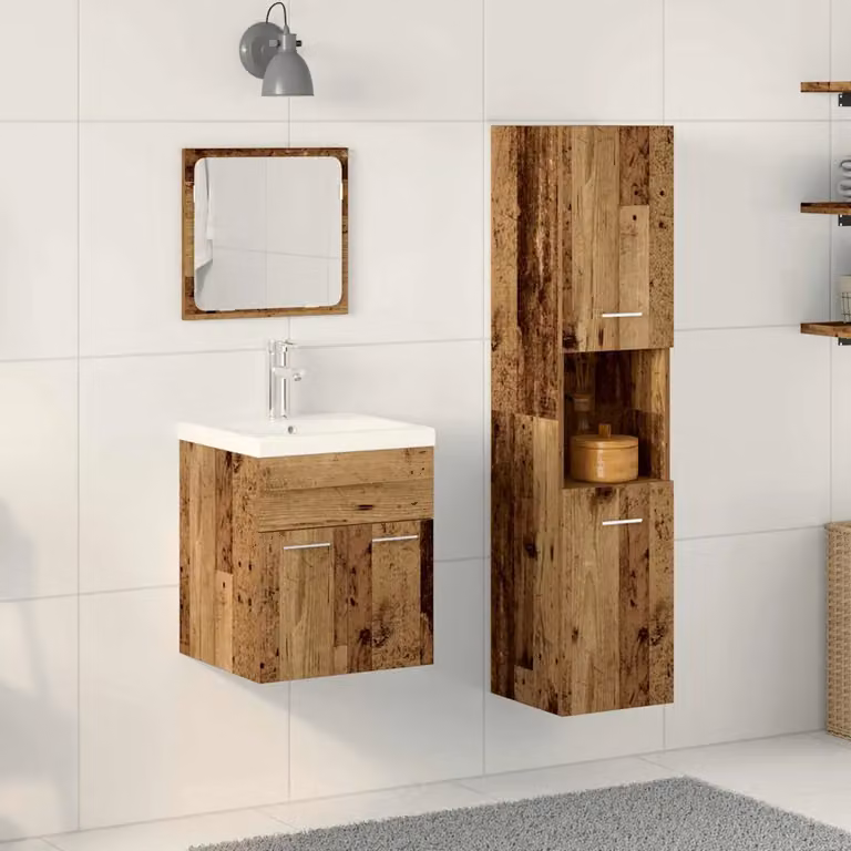 Set di mobili per il bagno moderno vidaXL in legno e metallo marrone con vanità, specchio e ripiani interni, sospeso a parete