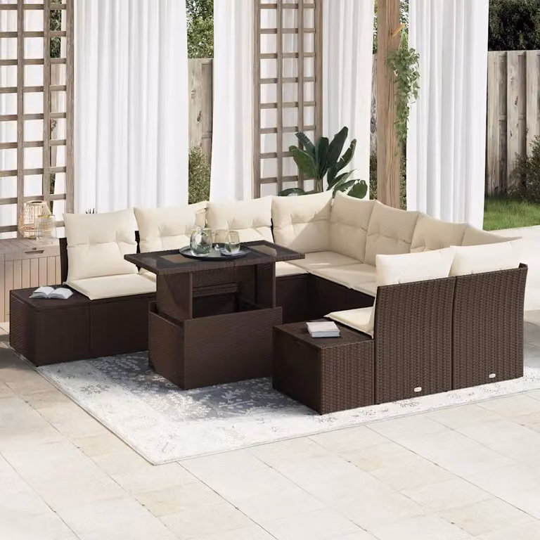 Set Divano da Giardino vidaXL 9 pz in Polyrattan Marrone e Beige con Cuscini e Tavolino da Caffè