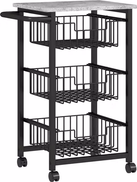 Carrello da cucina HOMCOM con 3 cestelli e maniglia in acciaio e legno, Nero e Grigio Chiaro, L 49.5 cm x P 31 cm x H 69 cm