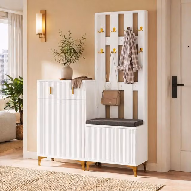 Set Armadio da Ingresso REDOM con Scarpiera e Appendiabiti Moderno Bianco e Oro L: 60,5 cm, H: 180,5 cm