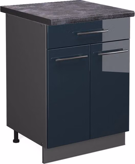 Mobile lavello cucina Fame-Line Vicco Blu scuro lucido e Antracite con piano in Rovere, L: 80 cm, H: 82 cm, P: 60 cm