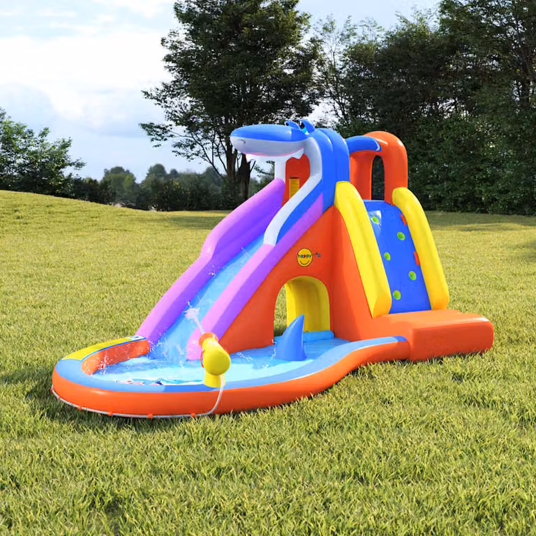 Happy Hop Scivolo d'Acqua Gonfiabile con Piscina e Spray Multicolore in PVC L: 450 cm, P: 320 cm, H: 240 cm