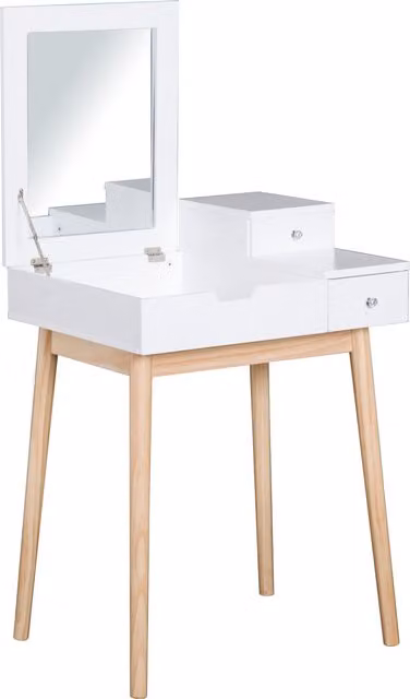 Tavolo da Trucco HOMCOM in Stile Scandinavo con Specchio Pieghevole e Multi-Scomparti, Bianco e Pino, L: 60 cm, P: 50 cm, H: 86 cm