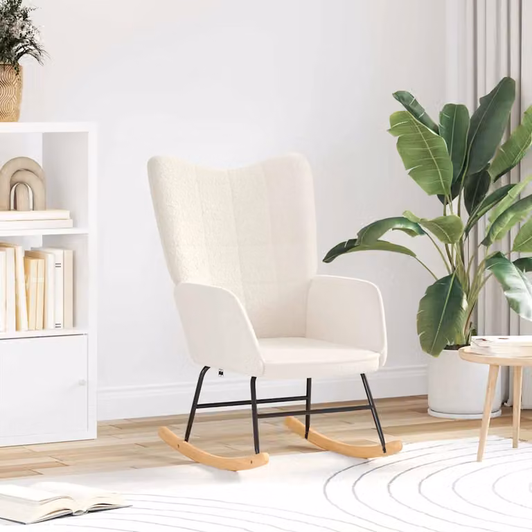 Sedia a dondolo vidaXL in tessuto Sherpa color crema con braccioli e struttura in legno e metallo
