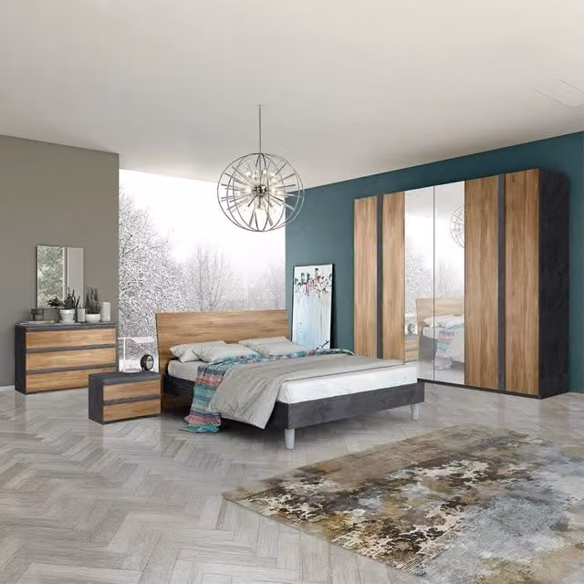 Set completo camera da letto Borghese in legno massello noce e antracite con armadio, letto, cassettiera, comodino e specchio