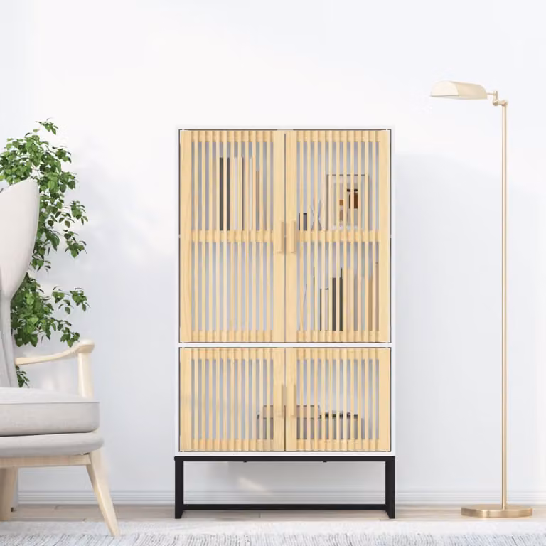 Credenza a parete vidaXL in stile scandinavo bianca con ante in vetro e ripiani interni, L: 70 cm, P: 35 cm, H: 125 cm
