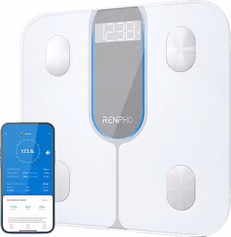 Bilancia pesapersone smart RENPHO ELIS 1C in vetro temperato bianco con Bluetooth, app e 13 parametri di analisi corporea, modalità atleta e bambino
