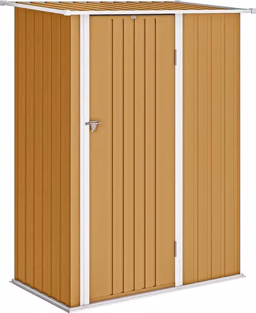 Casetta da Giardino Outsunny in Metallo con Tetto Inclinato e Porta Bloccabile, Giallo, L 142 cm x P 86 cm x H 189 cm